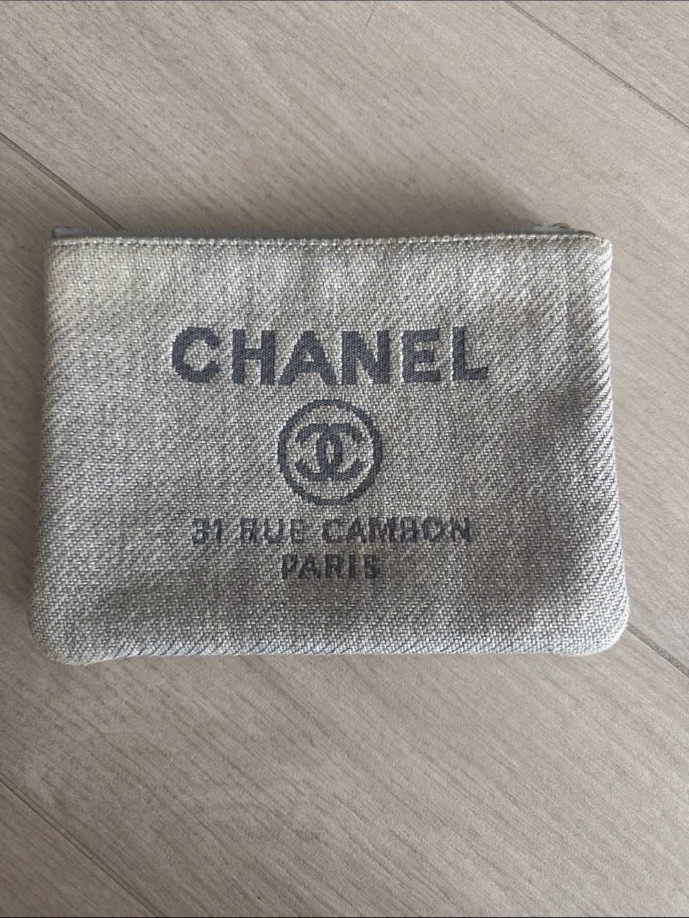 CHANEL Gray Deauville Canvas Zip Pouch with Logo Print
